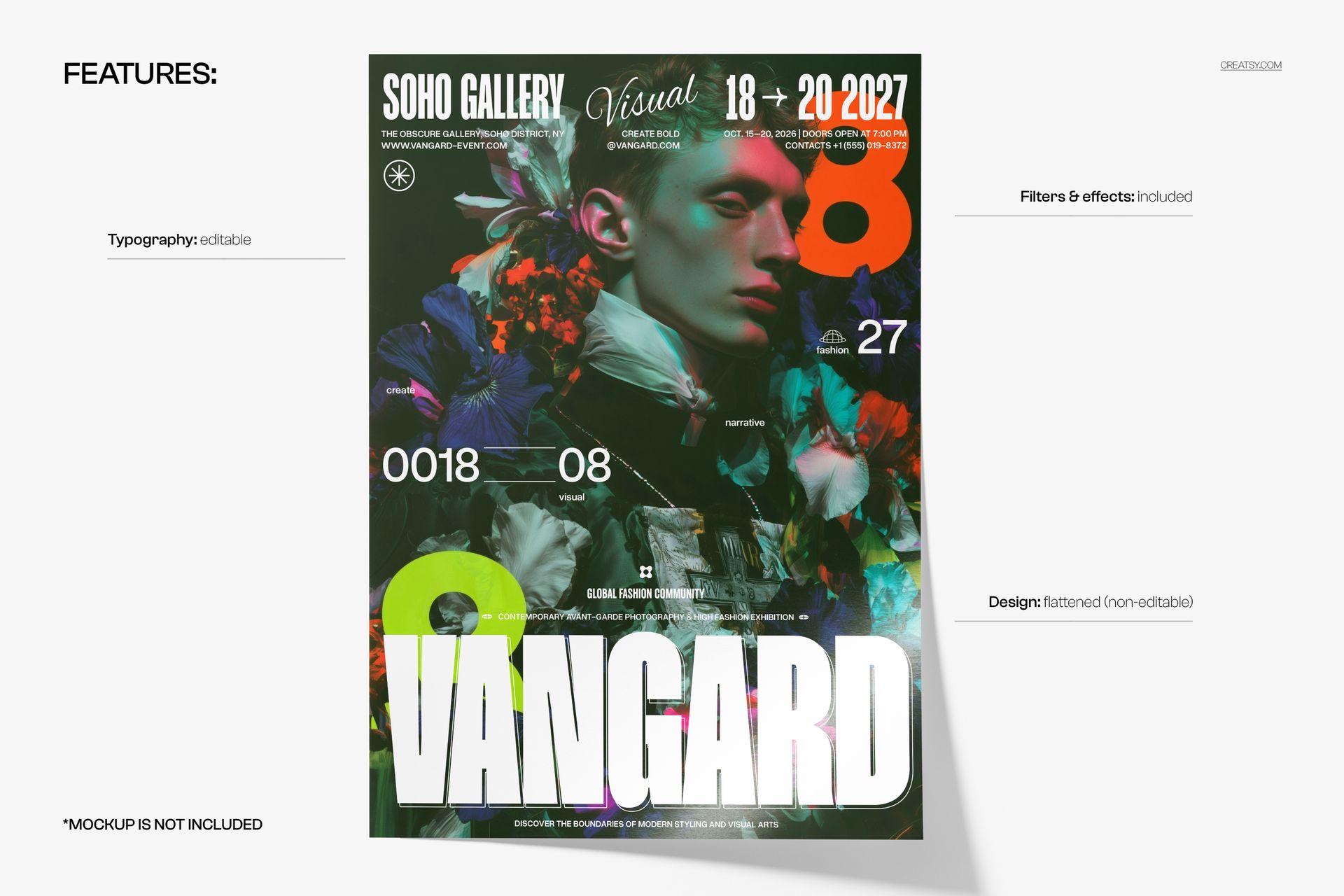 PSD mockup showing a poster design with vibrant neon flowers, large numbers, and a stylized human figure in the center.