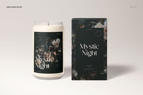 PSD mockup showing a cylindrical glass candle and coordinating box with elegant floral patterns and minimalist text.