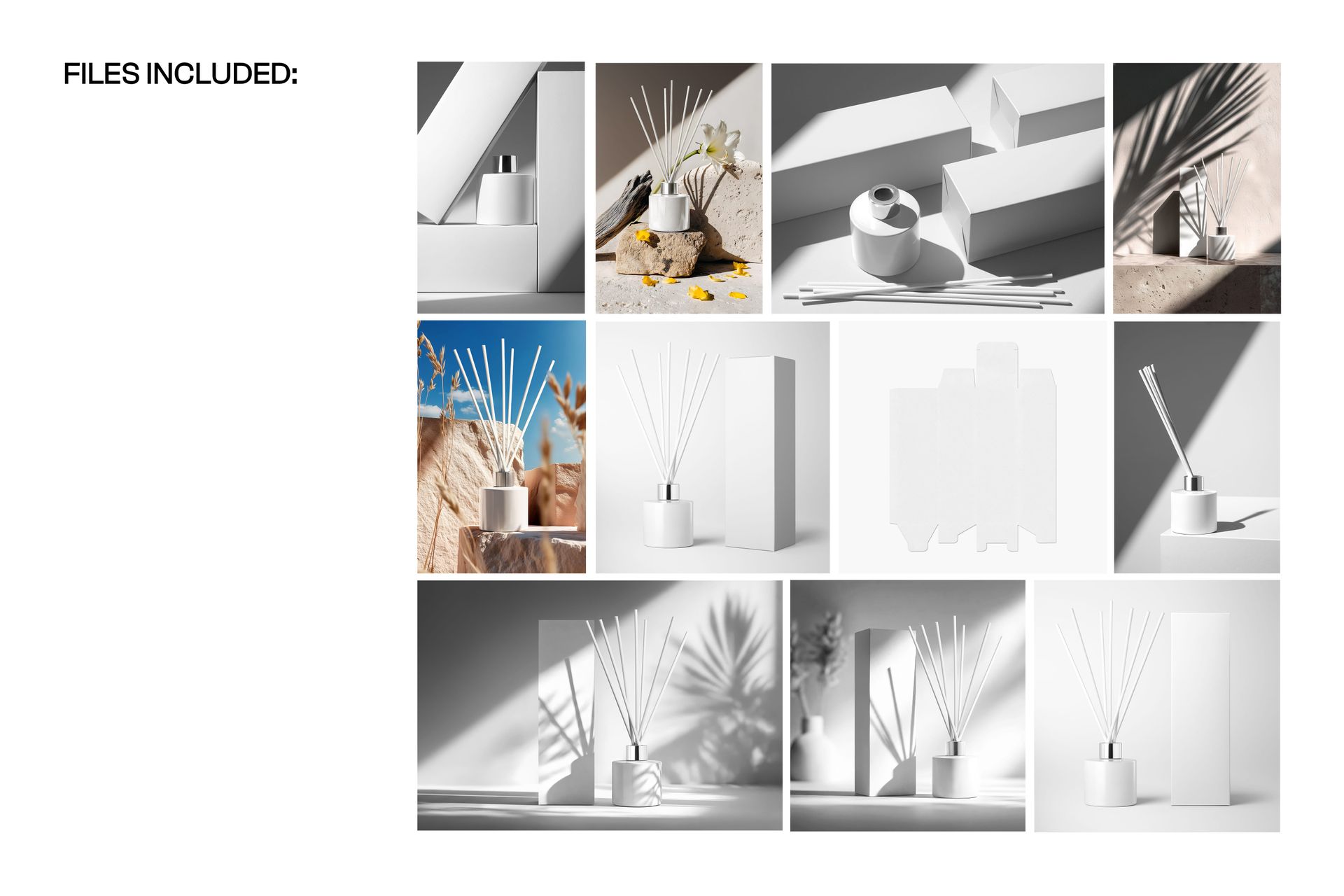 Painted glass reed diffuser mockup set featuring white cylindrical bottles with sticks in various lighting scenes.