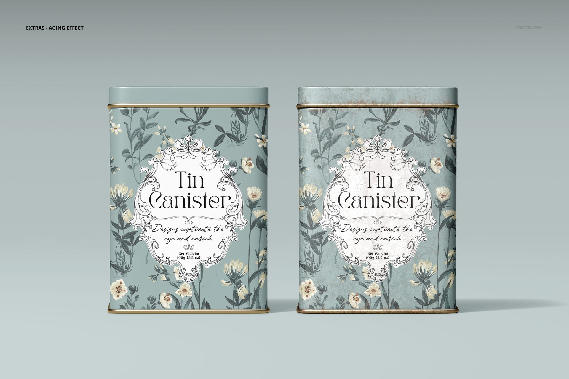 PSD mockup showing a pair of floral tin canisters with vintage-style labels, viewed from the front on a plain surface.