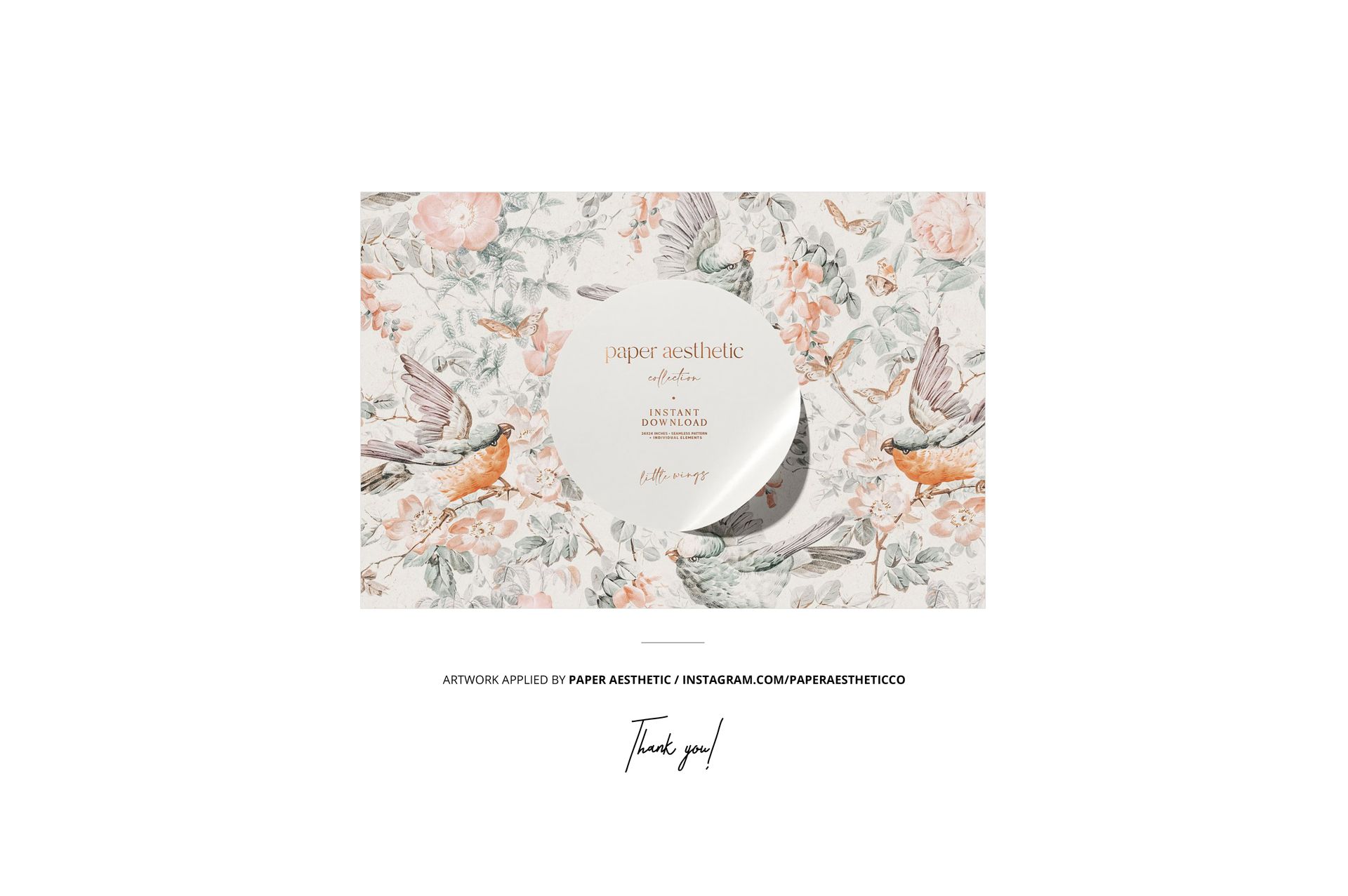 Fabric bolt mockup featuring a detailed botanical print with birds and flowers, shown from a top perspective.