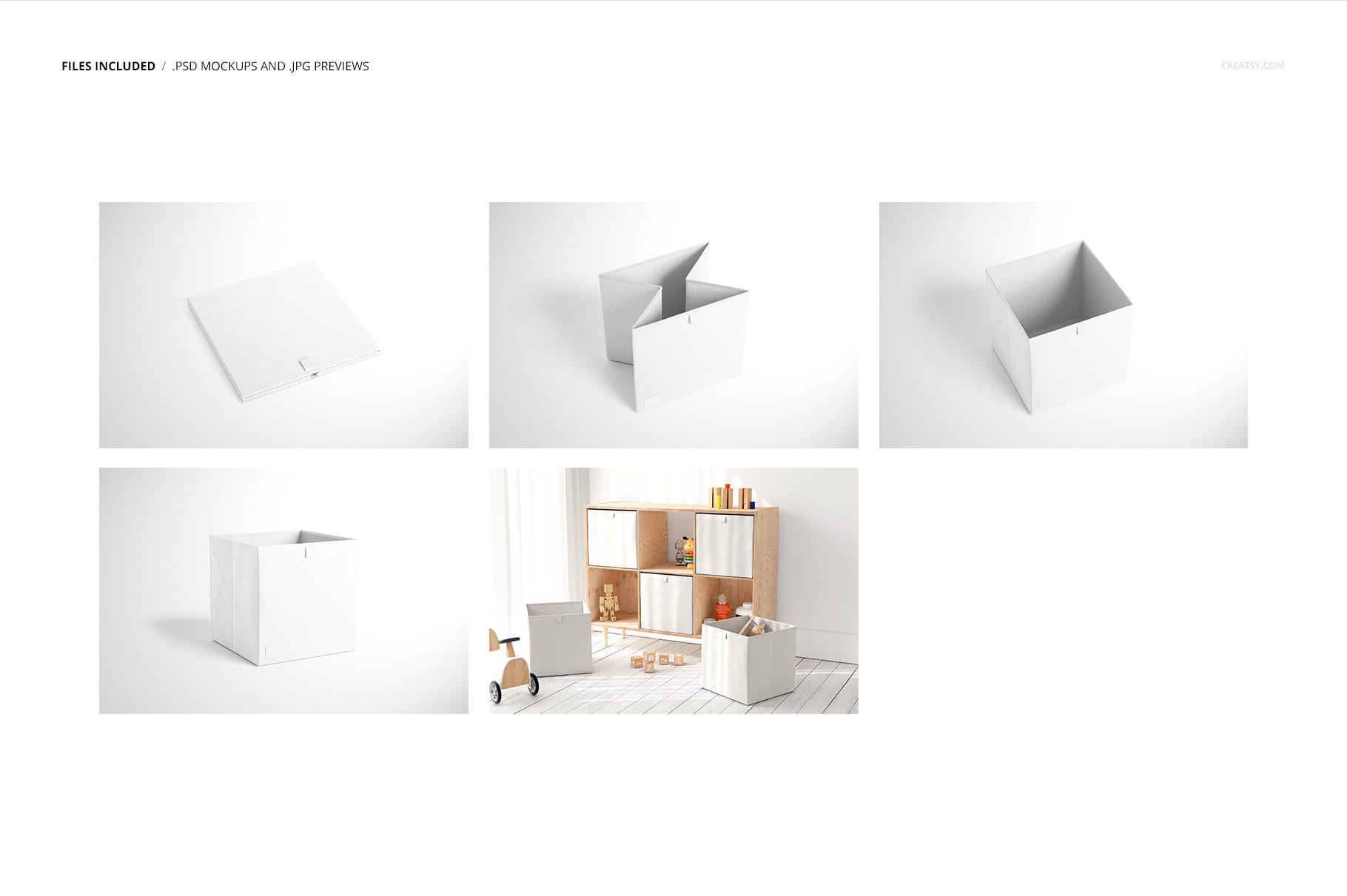 White folding storage box mockup displayed in various perspectives, including open and closed positions, with minimal props.