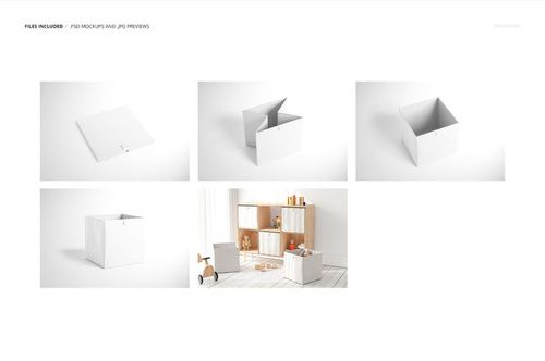 White folding storage box mockup displayed in various perspectives, including open and closed positions, with minimal props.