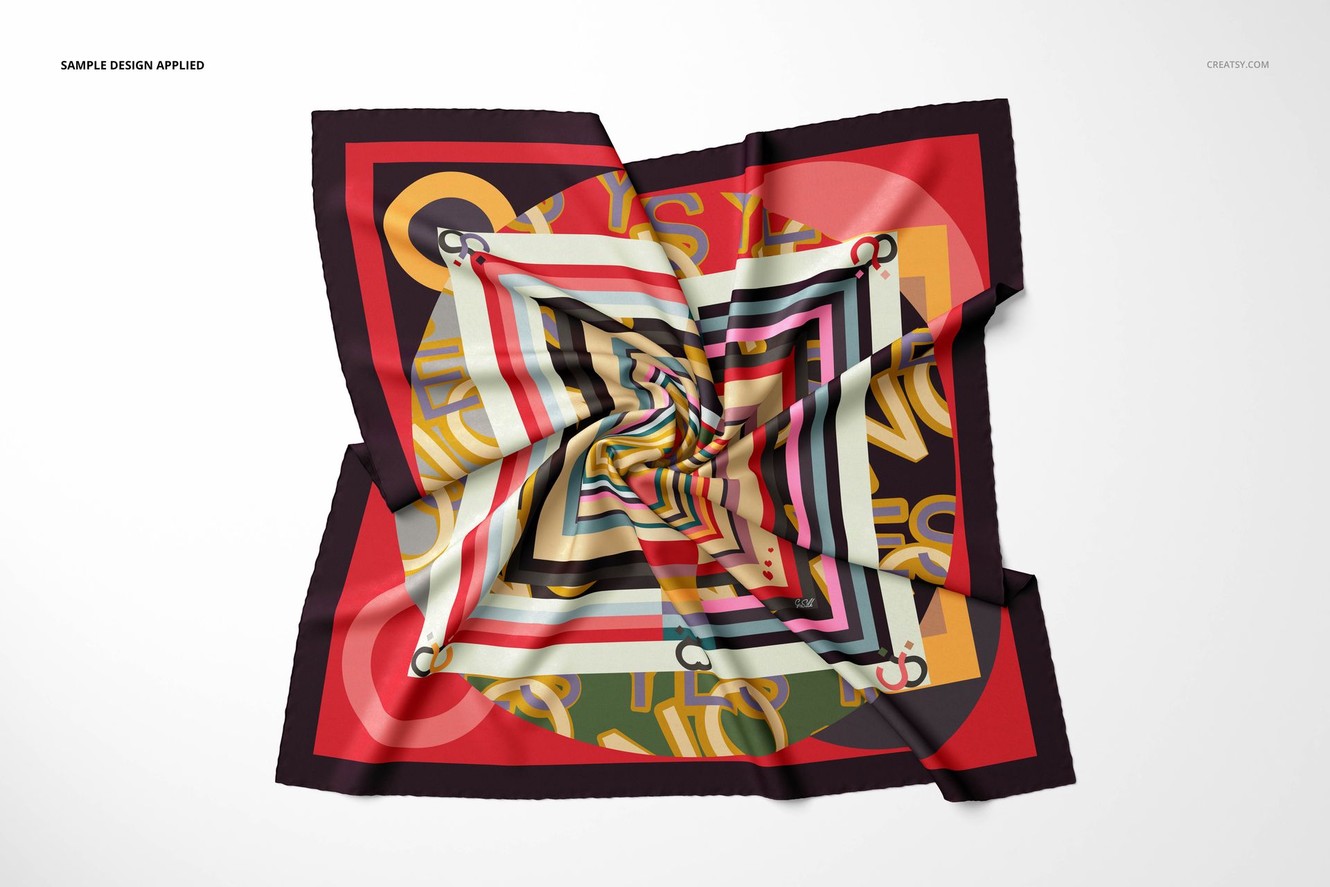 Square silk scarf mockup with colorful geometric and abstract patterns, displayed from a top view on a white background.