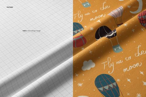 Draped jersey fabric mockup shown with soft folds, featuring a split view of grid pattern and whimsical hot air balloons.