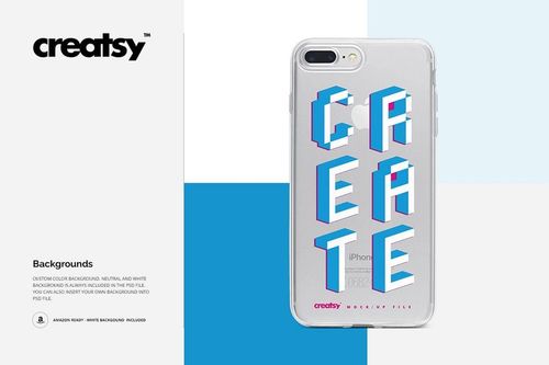iPhone 7 Plus clear case mockup featuring bold 3D lettering, shown from the back on a split color backdrop.