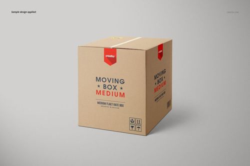 Cardboard moving box mockup shown from a slight angle, featuring bold text and symbols on a neutral backdrop.