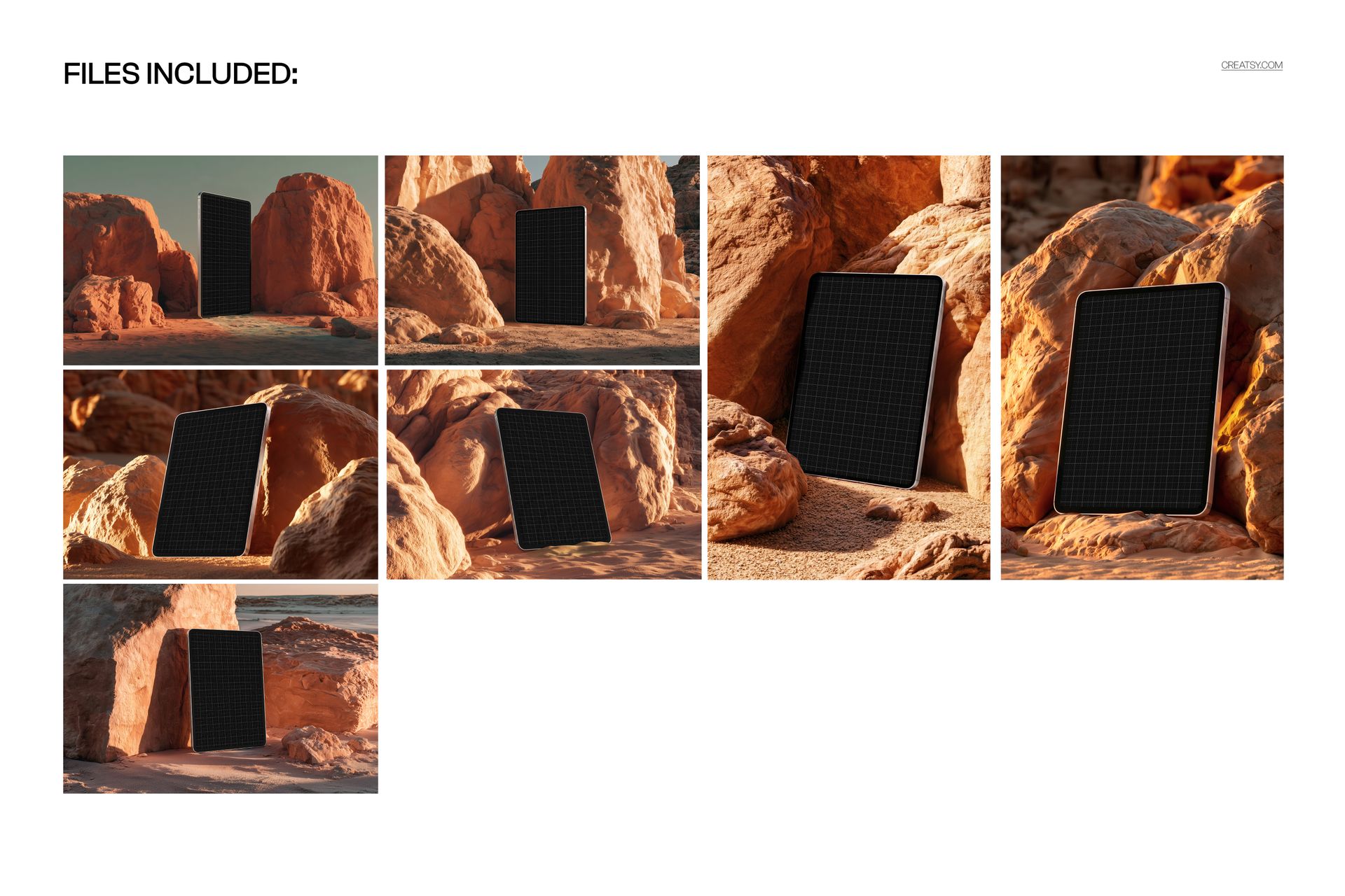iPad Pro mockup with a blank screen placed among desert rocks, shown from various angles in natural sunlight.