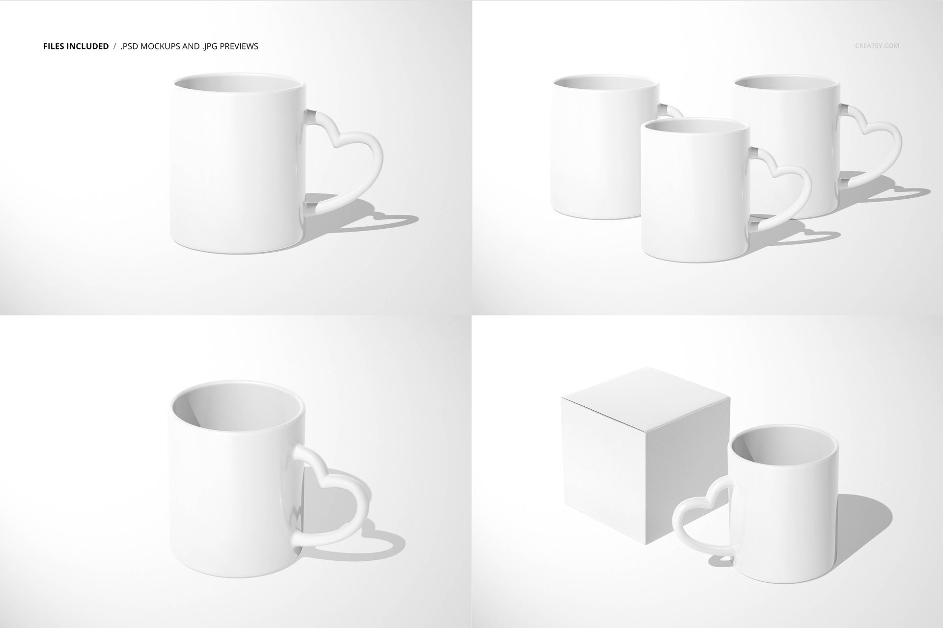 Four white heart-handle mugs and a matching box displayed in a clean, minimalist scene for drinkware mockup.