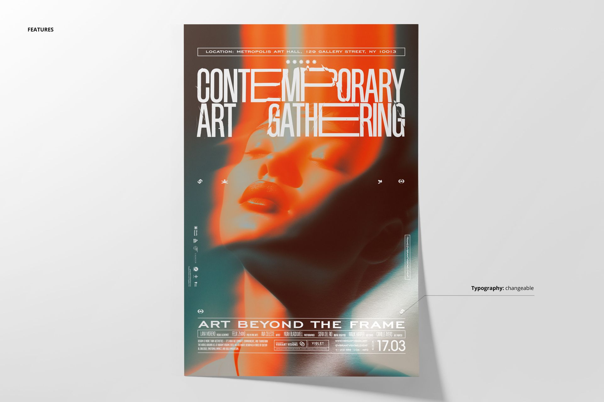 Poster mockup showing a close-up of a woman's face with fading light overlays and modern text for an art event.