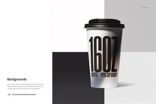 Single paper cup mockup featuring bold black text, shown upright against a minimalistic, multi-tone backdrop.