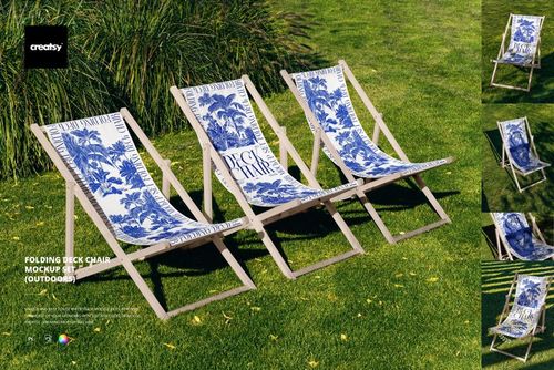 Folding deck chair PSD mockup set showing group of chairs with blue botanical prints on a lawn, surrounded by greenery.