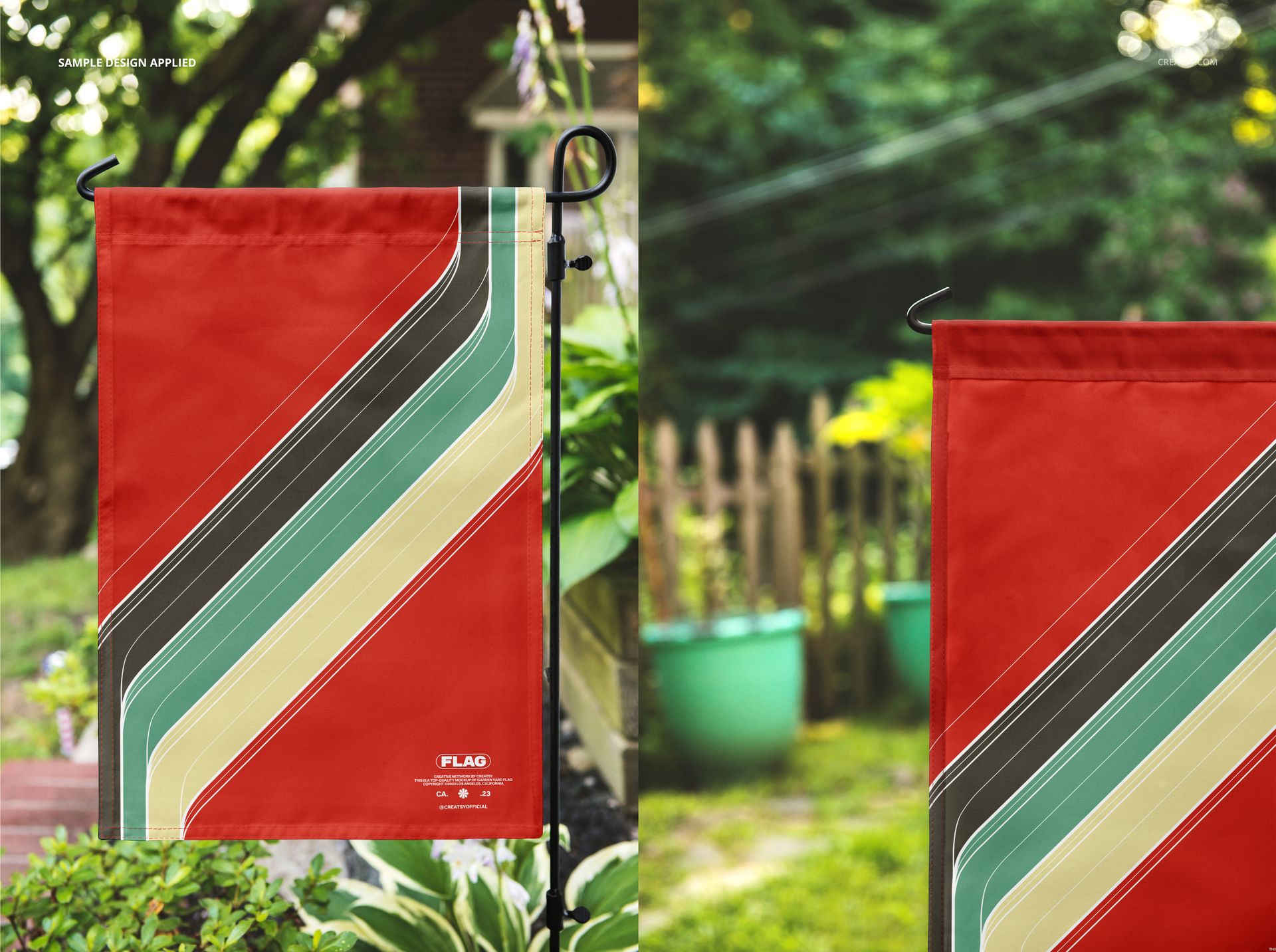 Close-up of a garden yard flag mockup featuring bold diagonal stripes and a red base, displayed in a lush backyard setting.