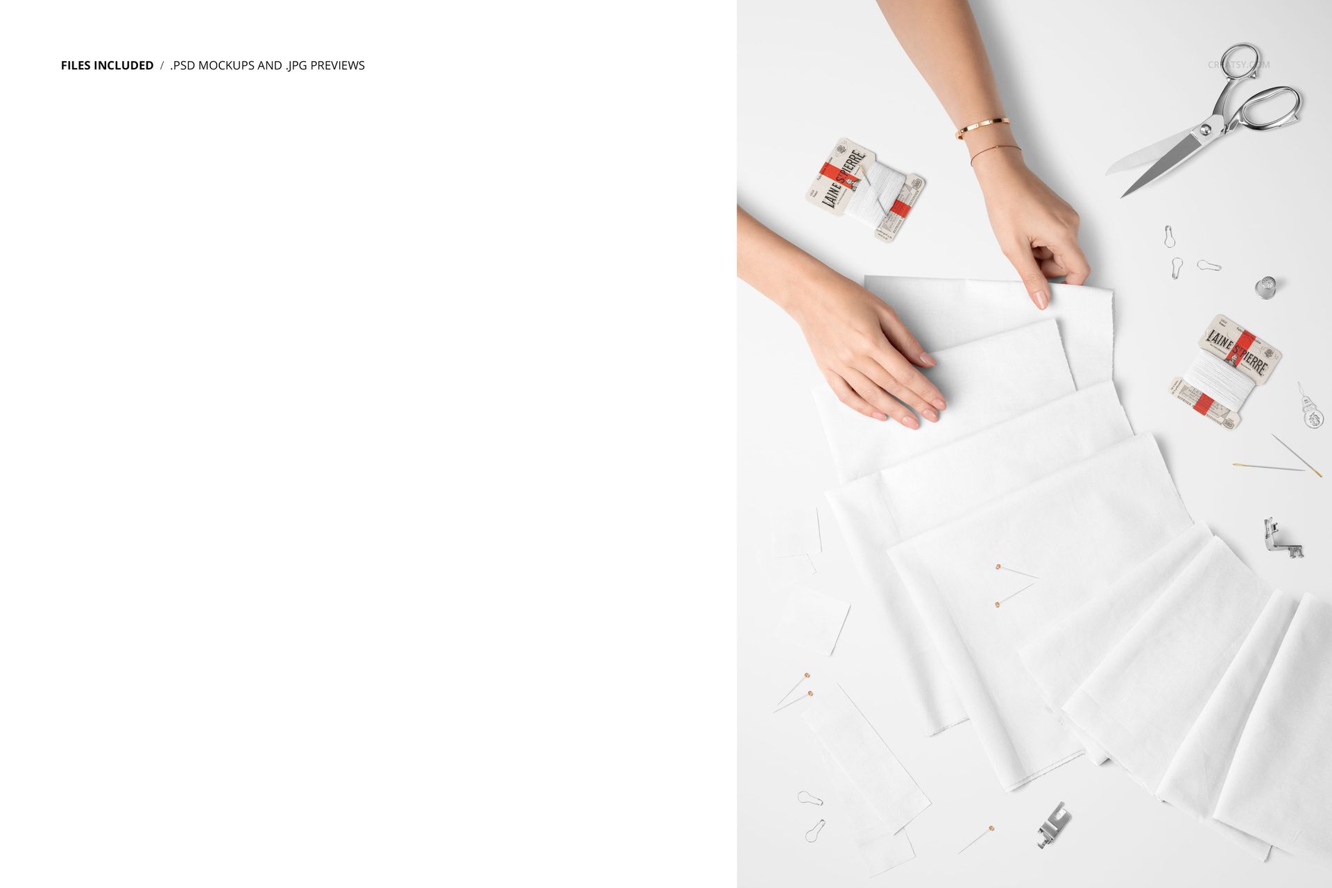 PSD mockup showing several white cotton fabrics, sewing accessories, and hands working from a top view angle.
