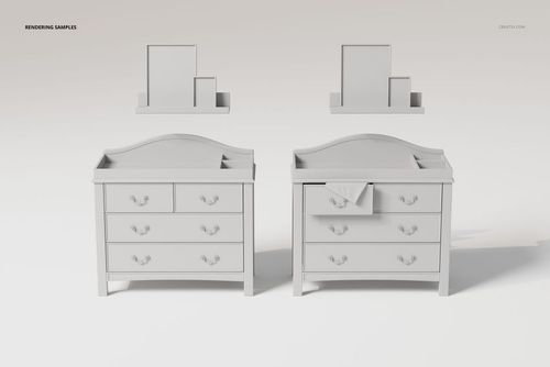 Front view of two white nursery dressers with curved tops and three drawers, set against a plain background.