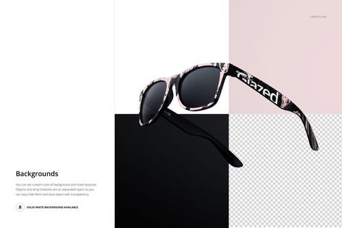 Front view of custom printed sunglasses mockup with black lenses and patterned frames on a split background.