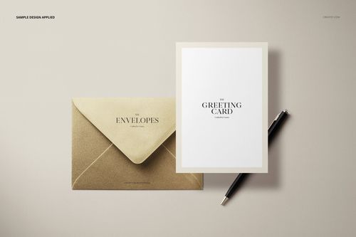 Metallic gold envelope and white greeting card mockup set displayed on a neutral background with a black pen.