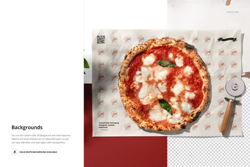 Top view of a pizza placed on patterned food safe paper with a pizza cutter on the side, presented as a mockup scene.