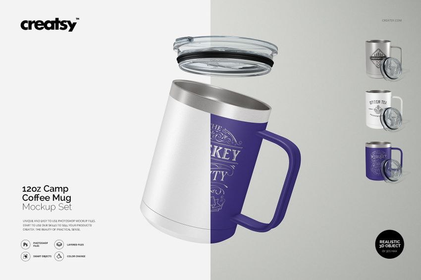 Front view of a 15 oz camp coffee mug mockup with a purple handle and lid, shown against a split background.