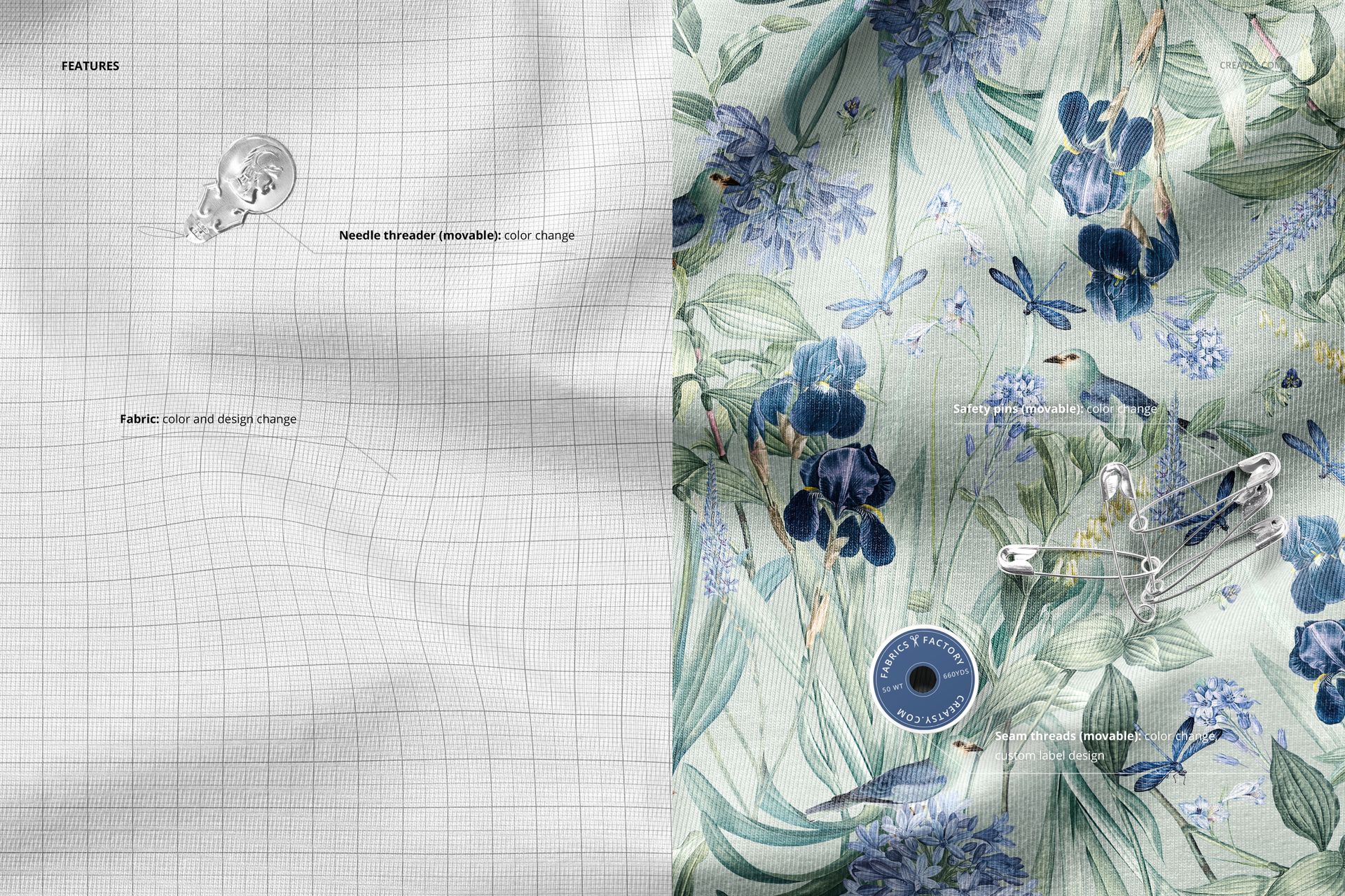Wrinkled fabric mockup showing two sections: one with a plain grid pattern and one with a floral design in blue and green tones.