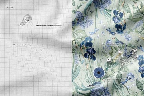 Wrinkled fabric mockup showing two sections: one with a plain grid pattern and one with a floral design in blue and green tones.