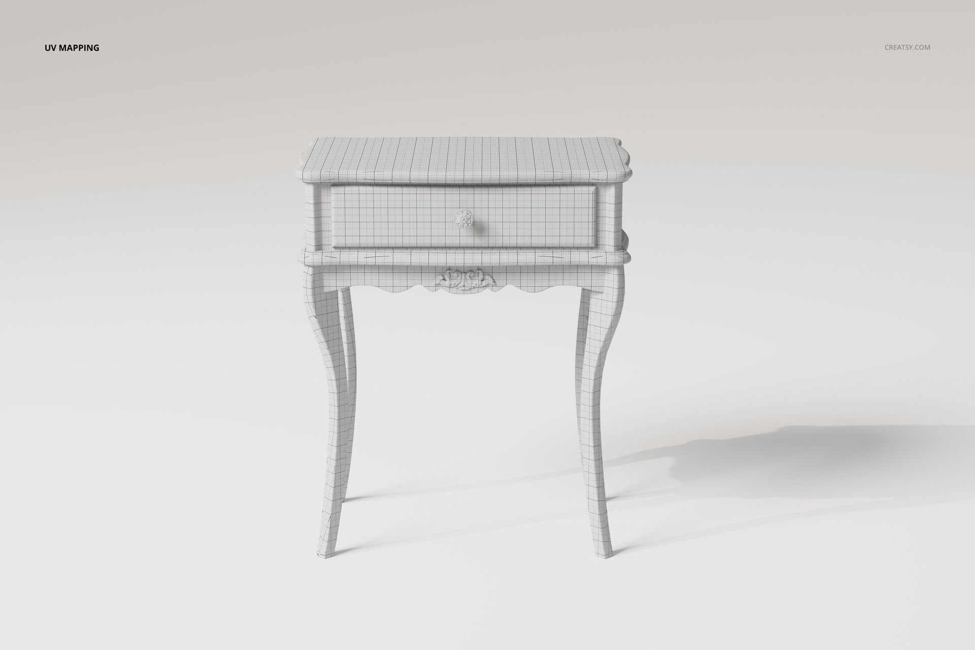 Front view of an antique style console table 3D model with curved legs and wireframe mesh detailing.