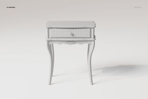 Front view of an antique style console table 3D model with curved legs and wireframe mesh detailing.