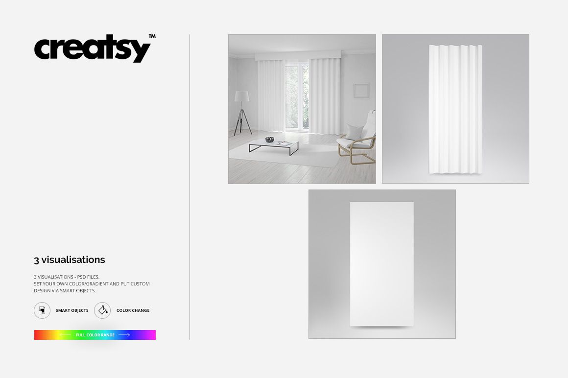 Curtains room scene PSD mockup showing white curtains, sheer curtain, pillow, and carpet in a bright interior setting.