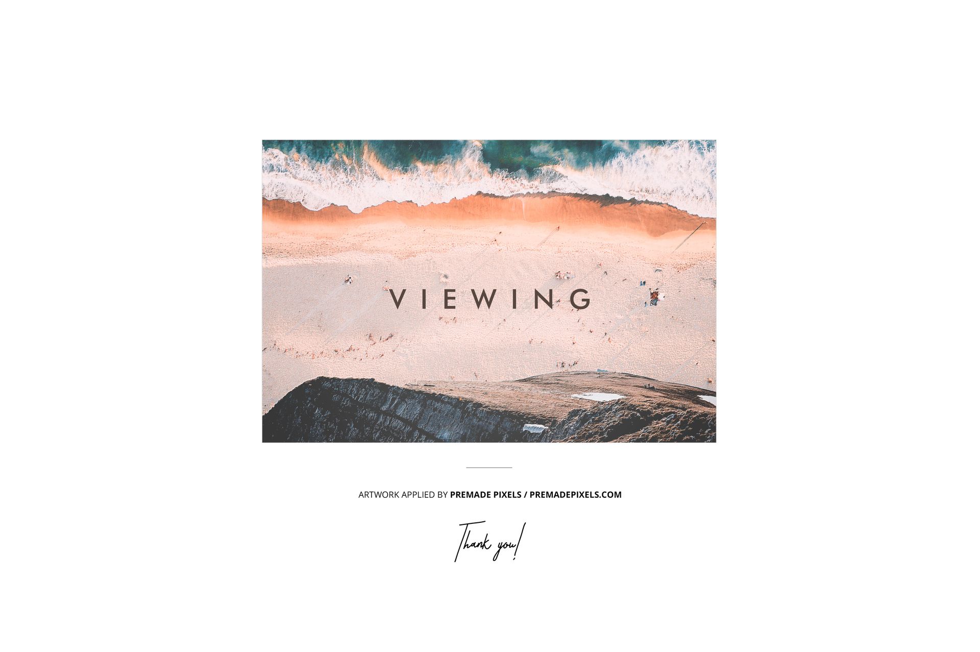 Vinyl record cover mockup with split effect showing a beach scene from above, featuring sand and ocean waves.