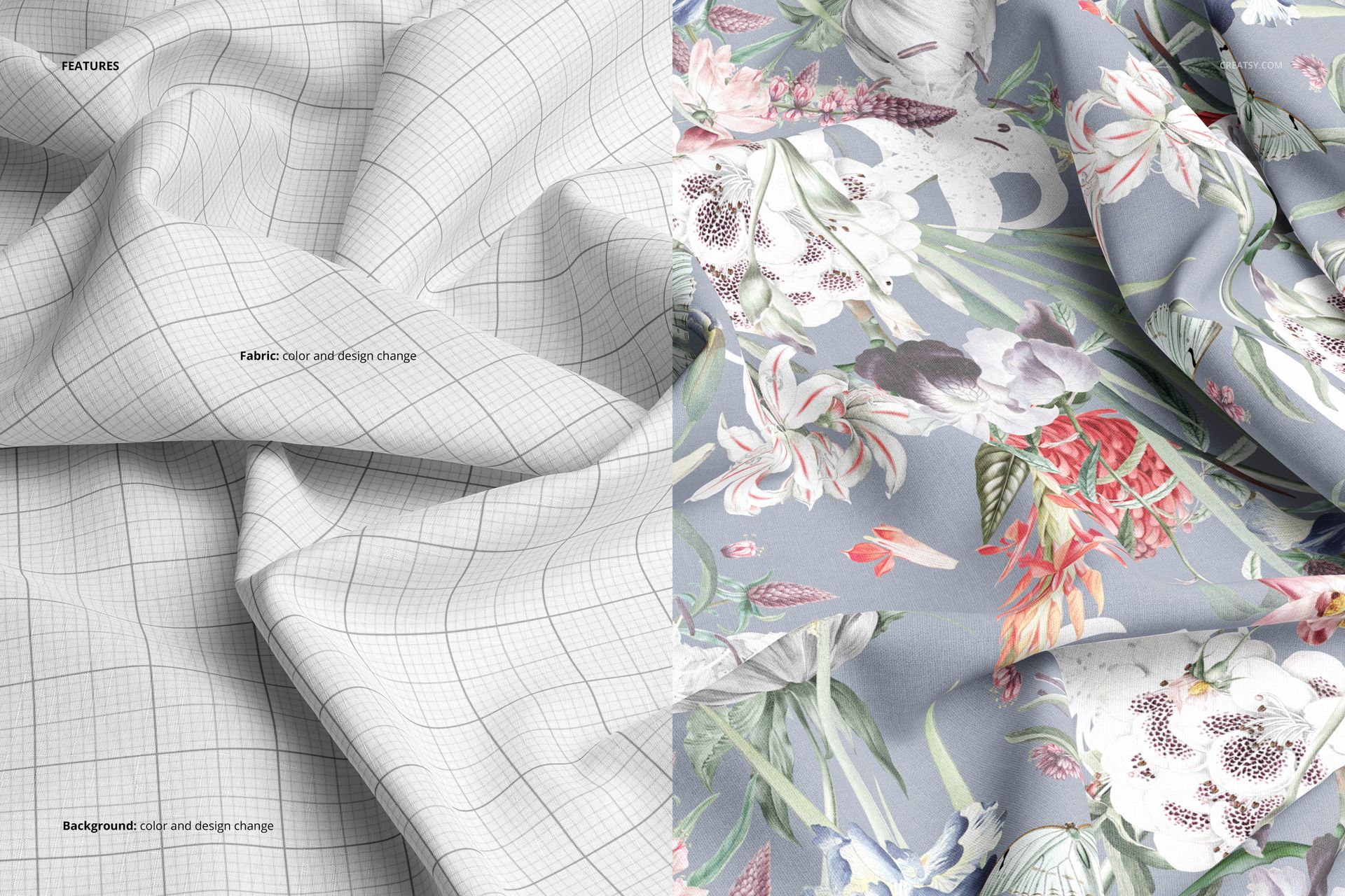 Closeup view of cotton fabric mockup showing a left side with a white grid pattern and right side with a floral design.