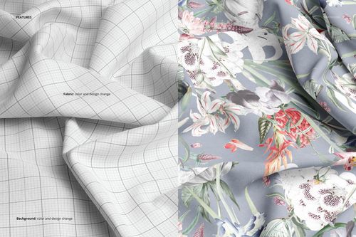 Closeup view of cotton fabric mockup showing a left side with a white grid pattern and right side with a floral design.