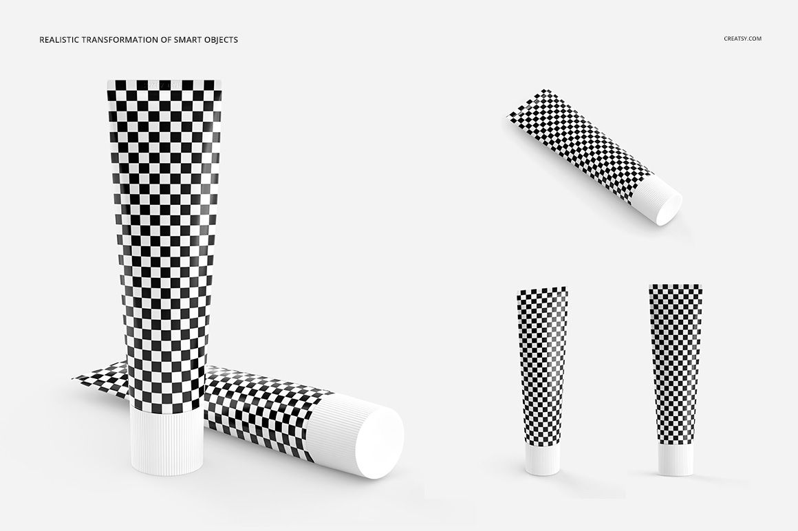 Toothpaste tube mockup featuring black and white checkered pattern, displayed on a white background with multiple views.