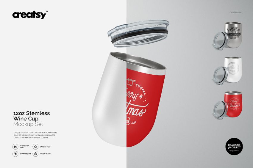 Front view of a 12 oz stemless wine cup mockup with a removable clear lid, featuring red and white cup designs.