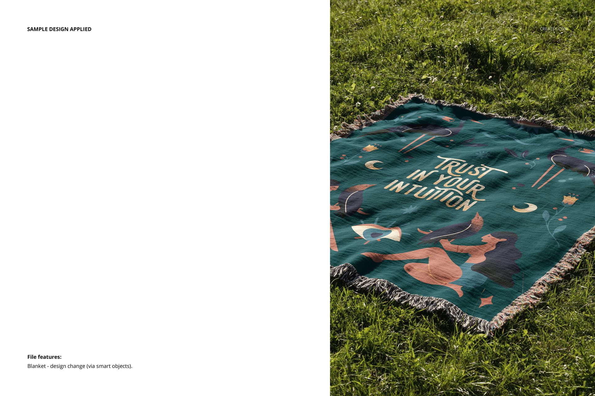 Fringed woven throw blanket mockup featuring a colorful abstract pattern and phrase, shown on a grassy lawn.