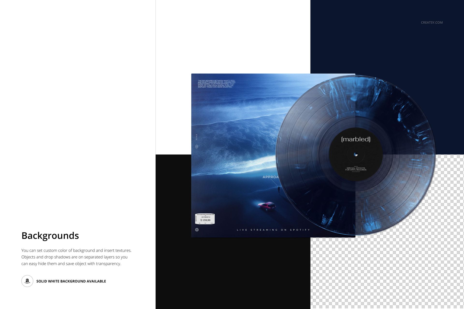 Front view of a marbled effect vinyl record partially covering its blue-toned cover, shown on a PSD mockup background.