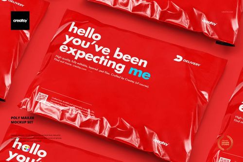 Poly mailer mockup featuring bright red packaging and white lettering, displayed from an overhead perspective.