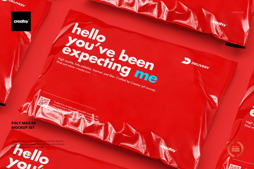 Poly mailer mockup featuring bright red packaging and white lettering, displayed from an overhead perspective.