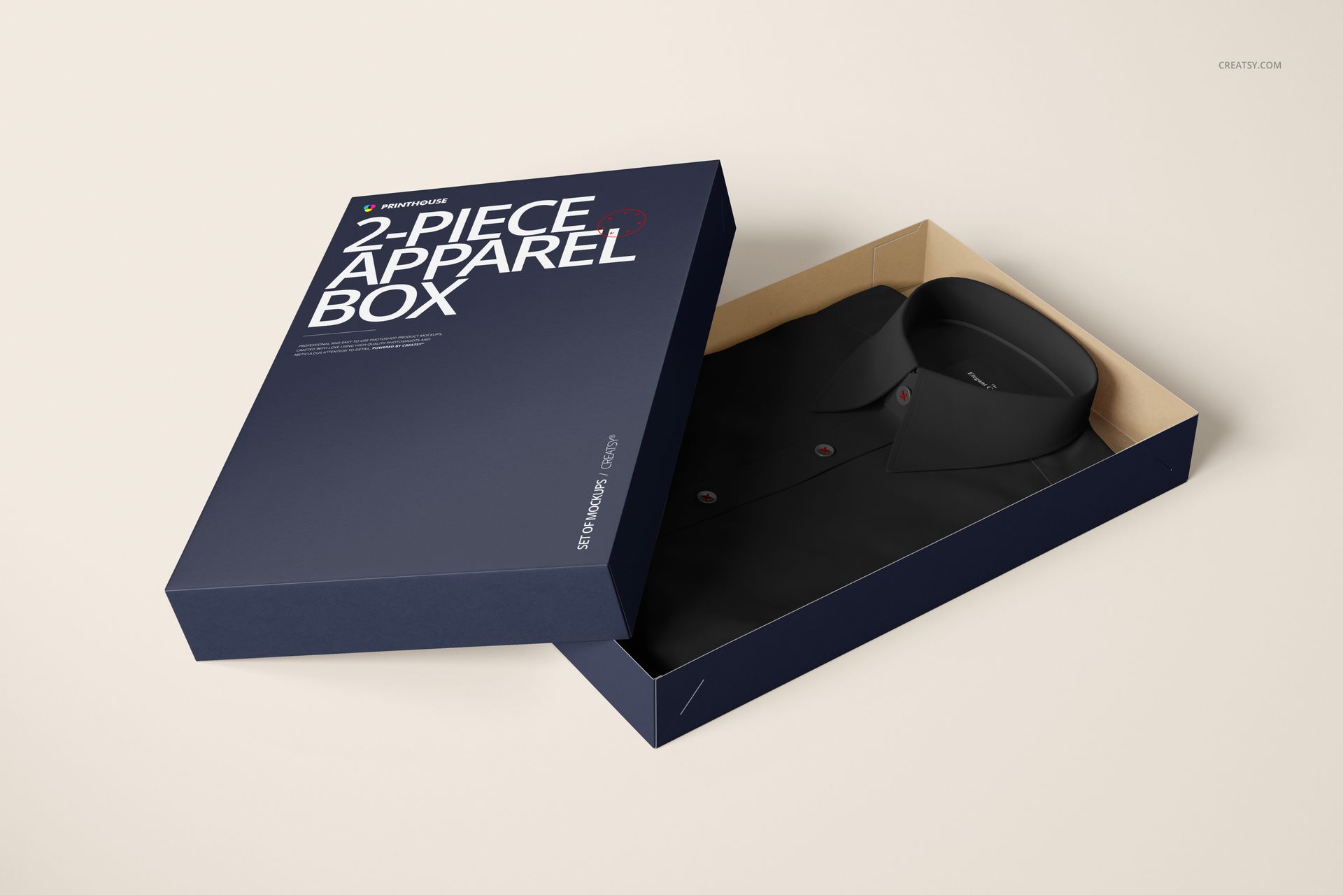 Two-piece apparel box mockup with a navy blue lid, partially open to reveal a neatly folded black dress shirt inside.