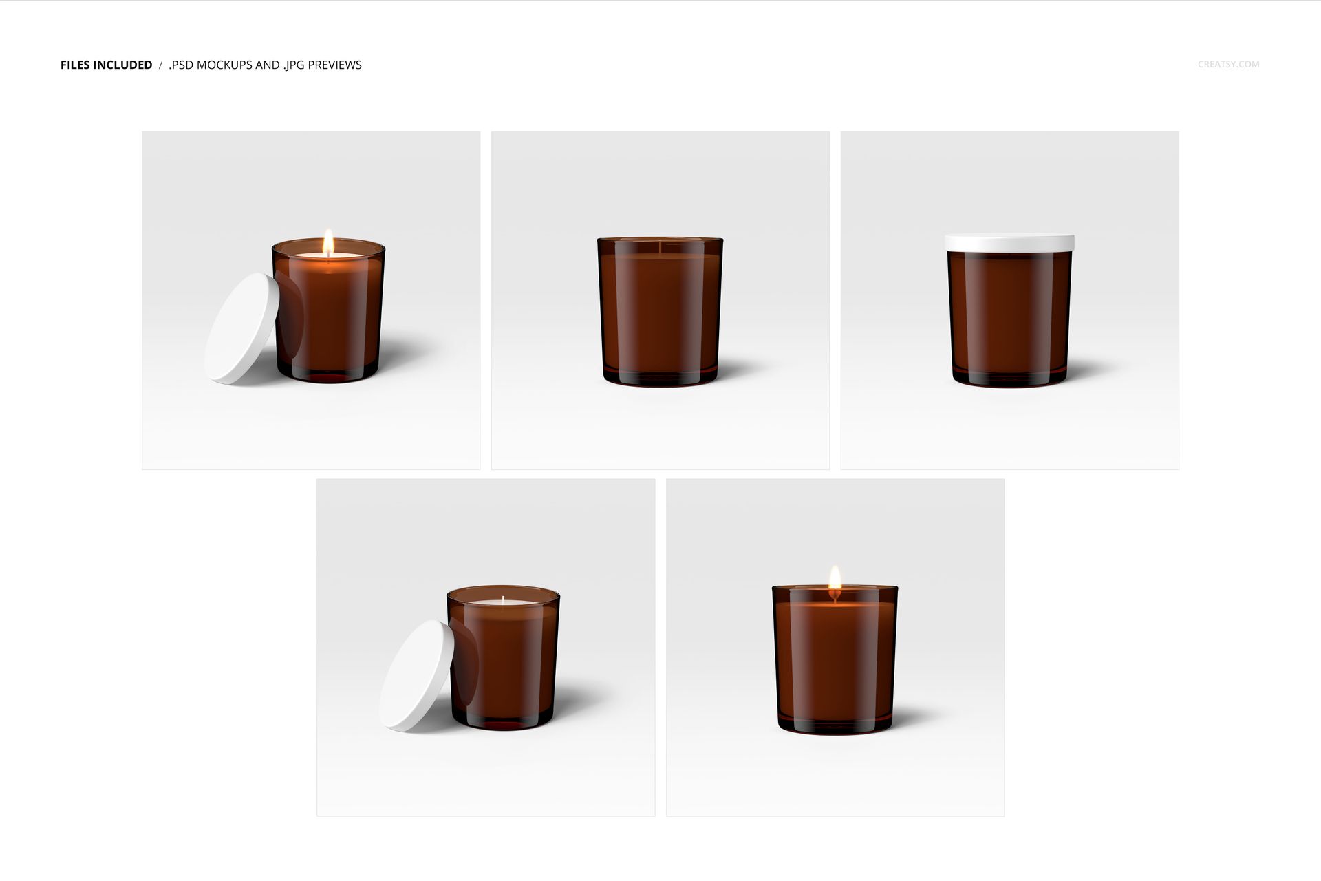 Set of amber glass jar candles with cotton wick and matte lid, displayed in five mockup arrangements on a light backdrop.