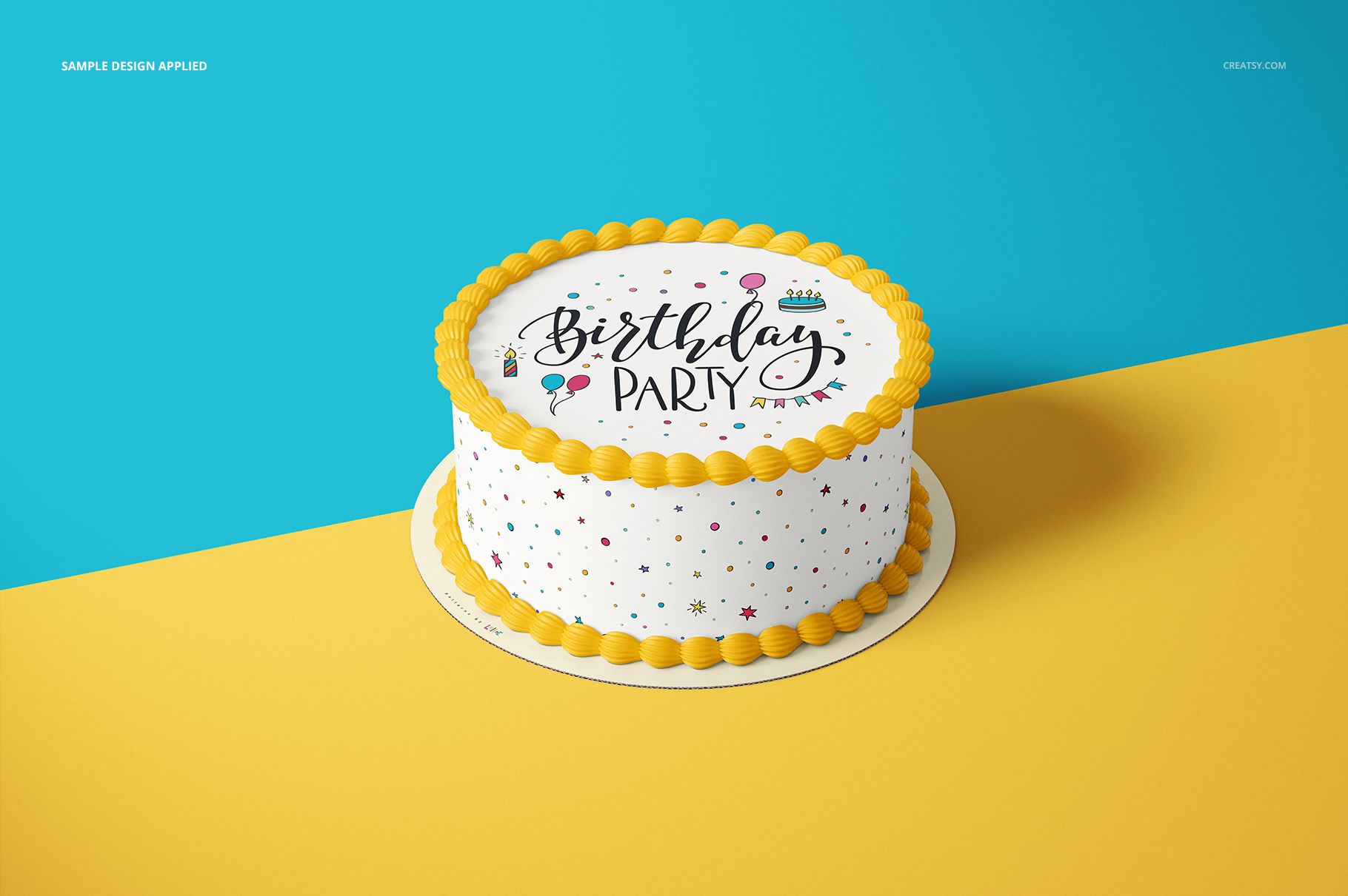 PSD mockup of a round cake featuring yellow frosting, confetti side design, and birthday party text on the topper.