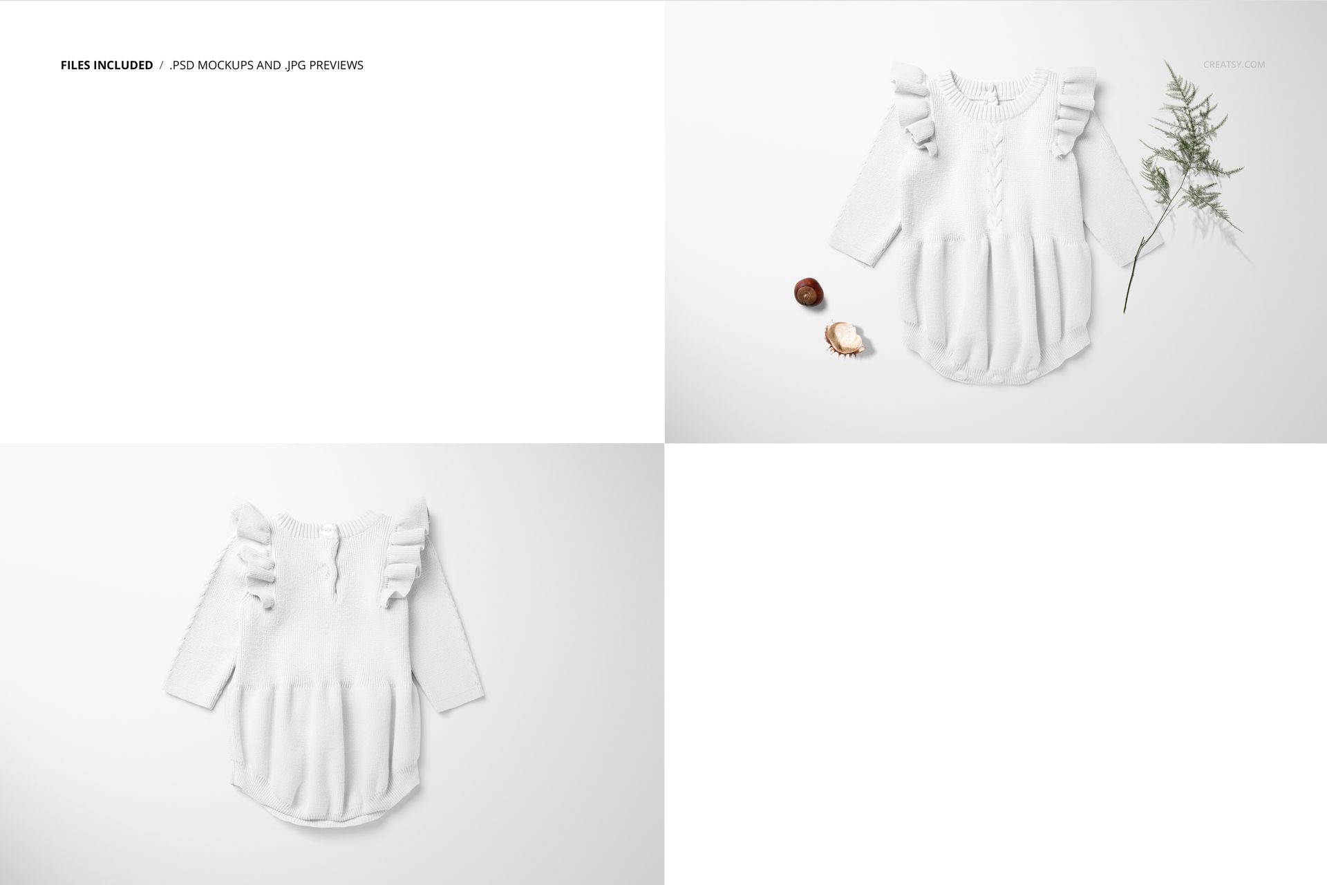 Knitted baby romper mockup in white, featuring long sleeves and ruffles, presented on a clean white surface.