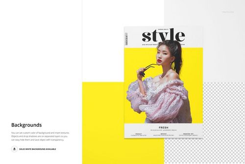 A4 magazine mockup featuring a fashion-themed cover on a yellow and white split background, front view.