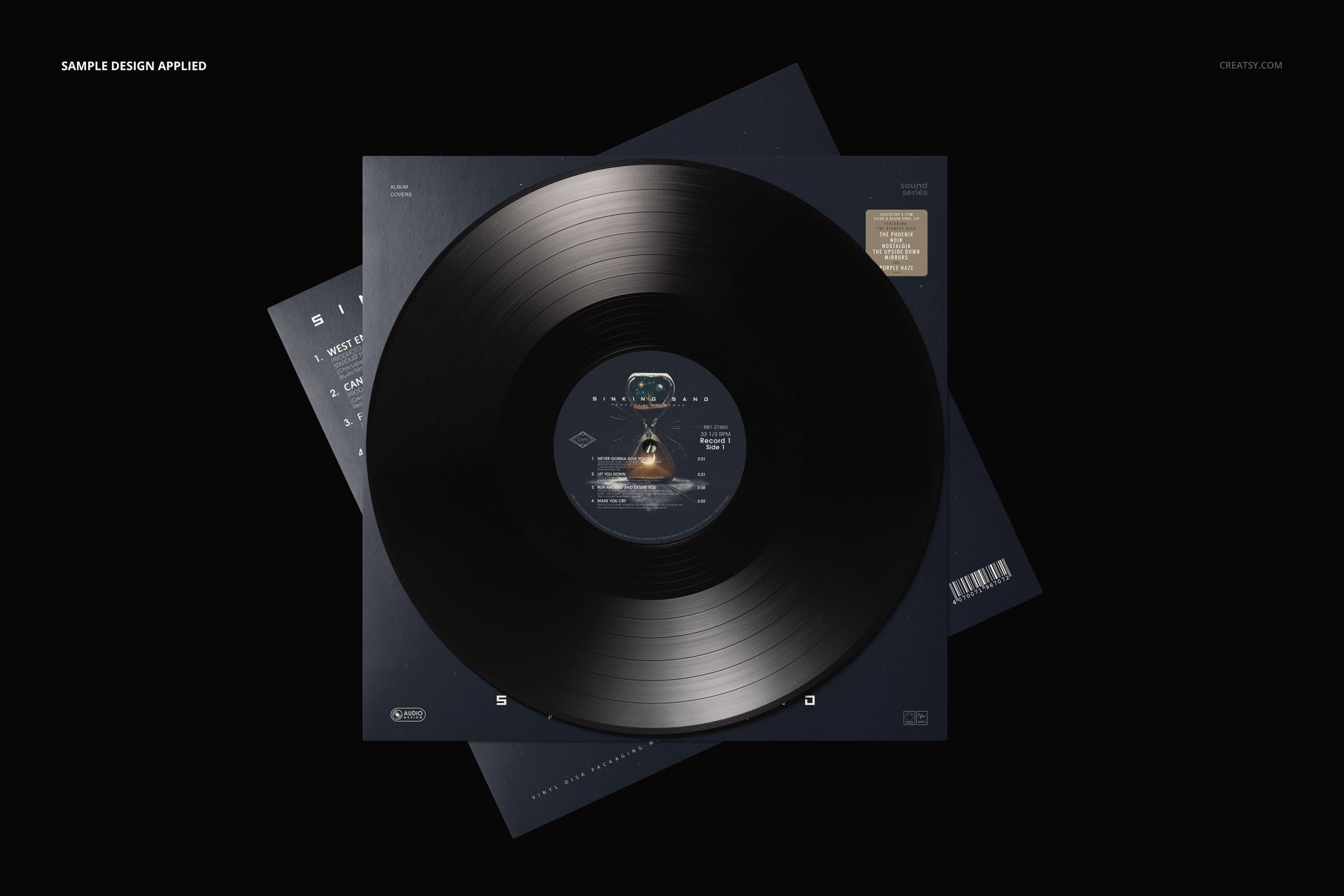PSD mockup showing a black vinyl record and two dark album covers arranged with a flat lay perspective.