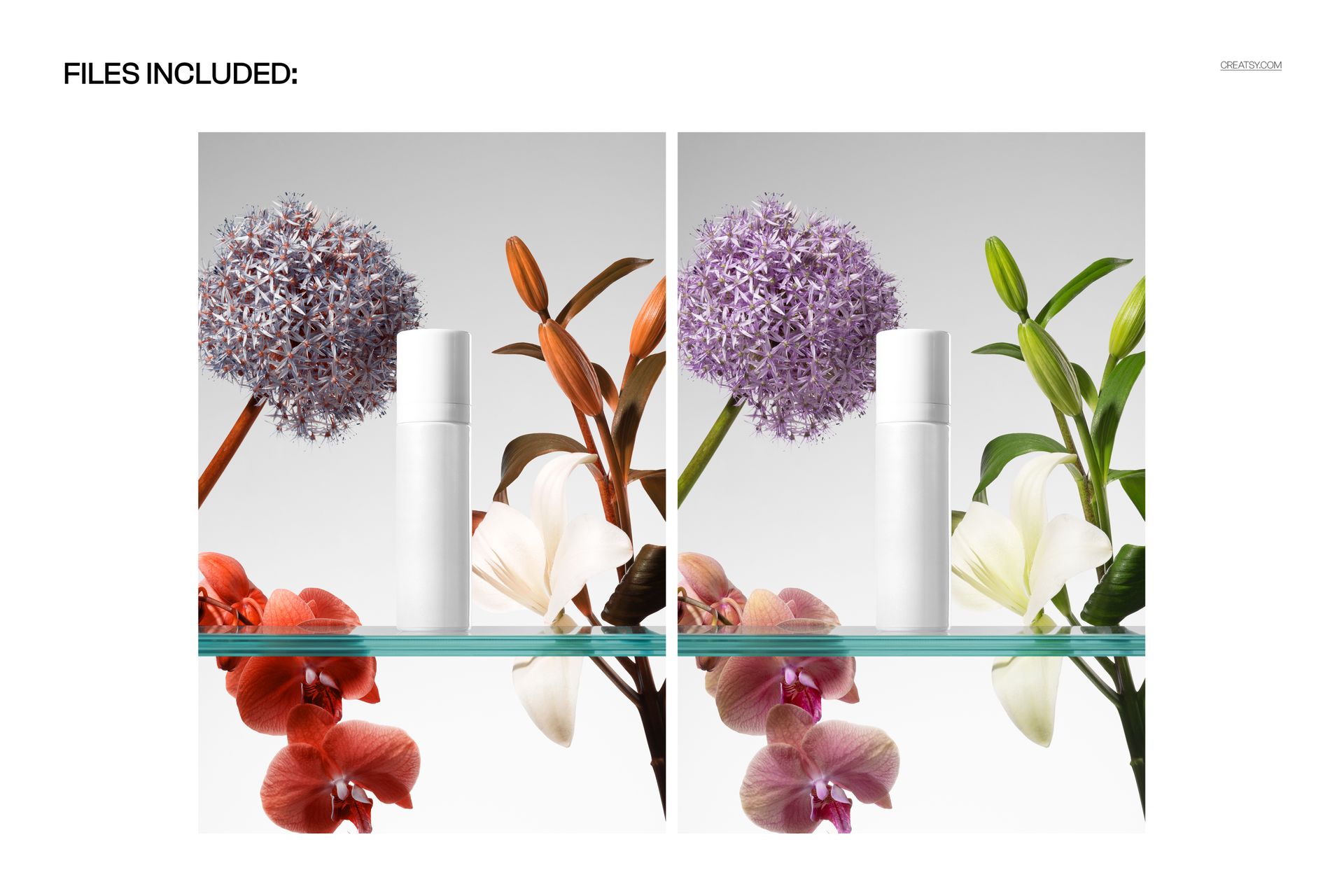 Front view of a white cosmetic bottle standing on glass, surrounded by colorful flowers in two mockup variations.