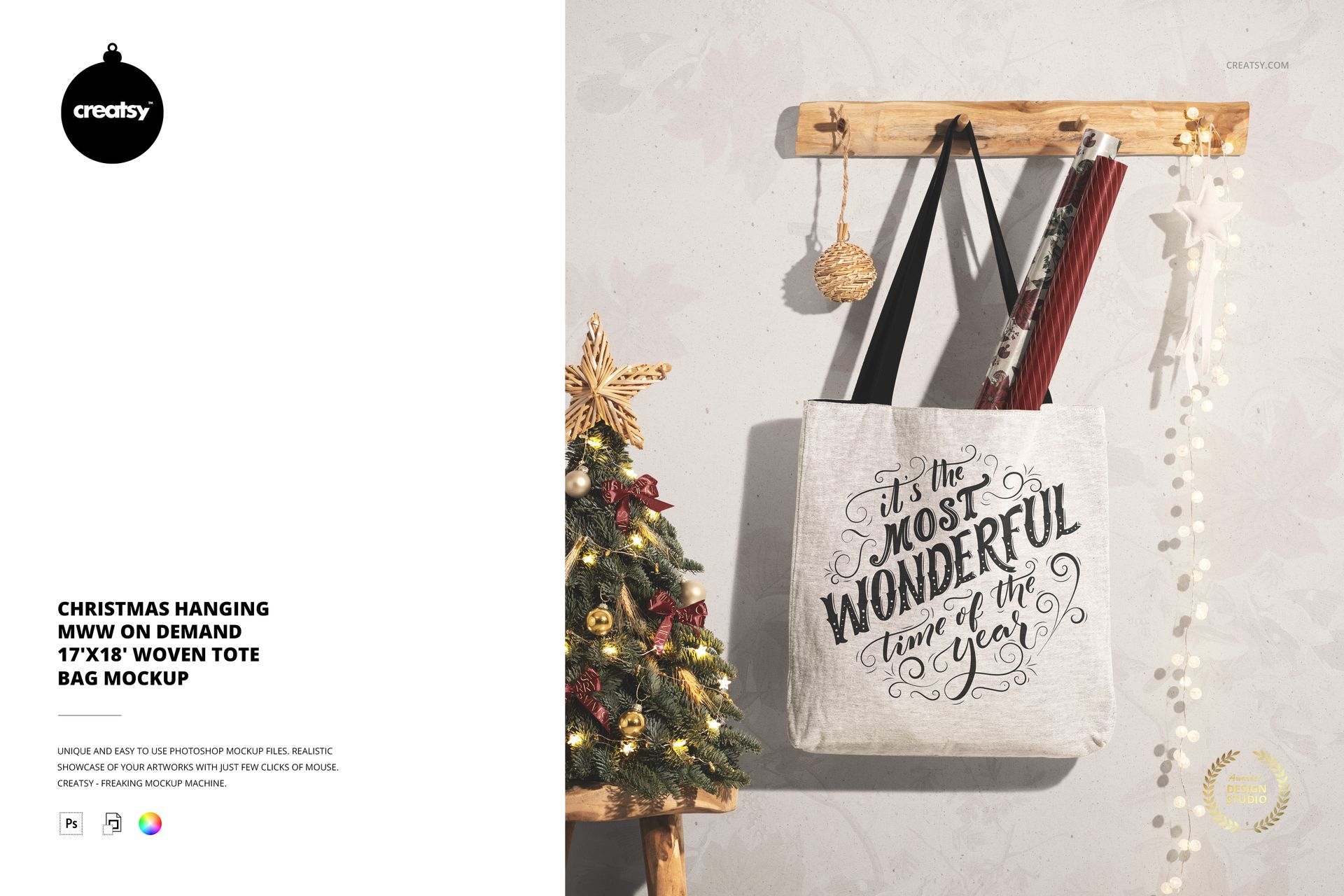 Christmas woven tote bag mockup displayed on a wall hook, with ornaments and a festive tree in the background.