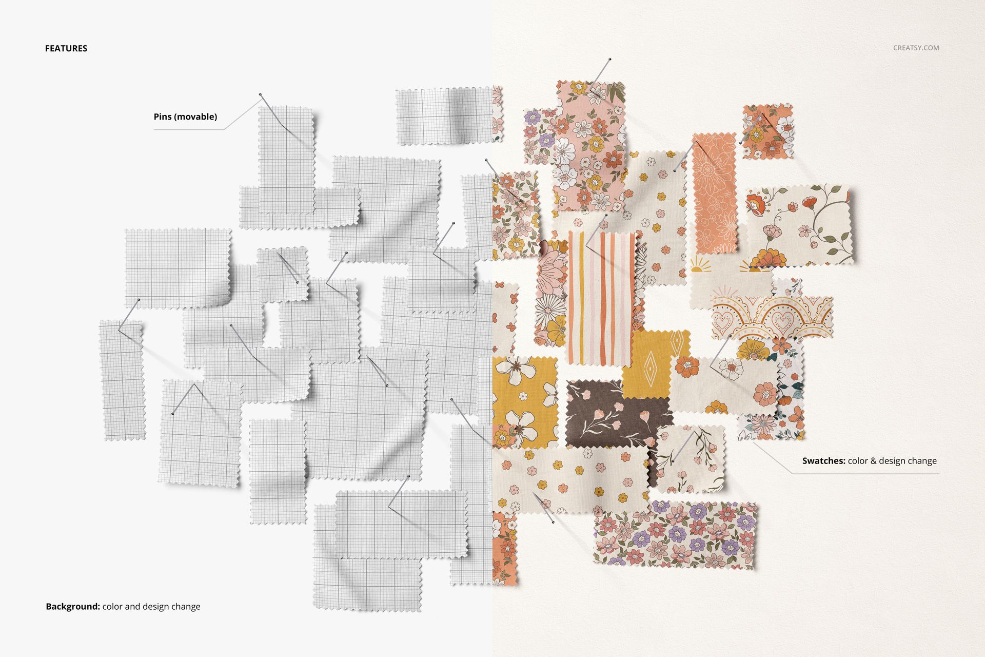 Fabric swatches mockup displaying a mix of neutral grid textures and decorative prints, laid out side by side on white.
