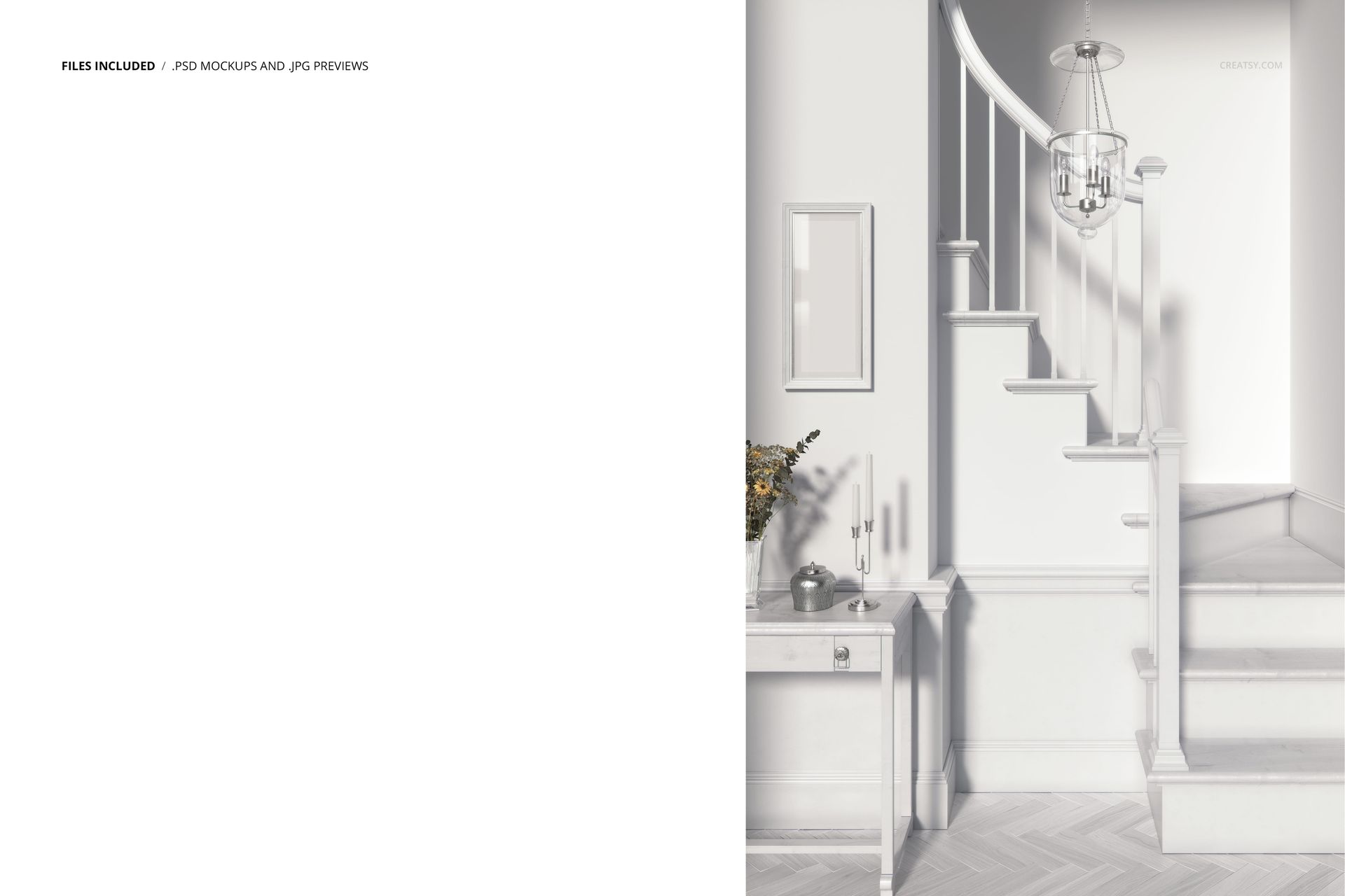 Traditional staircase mockup in a bright interior, featuring white wooden steps, railing, and a small table with a vase.