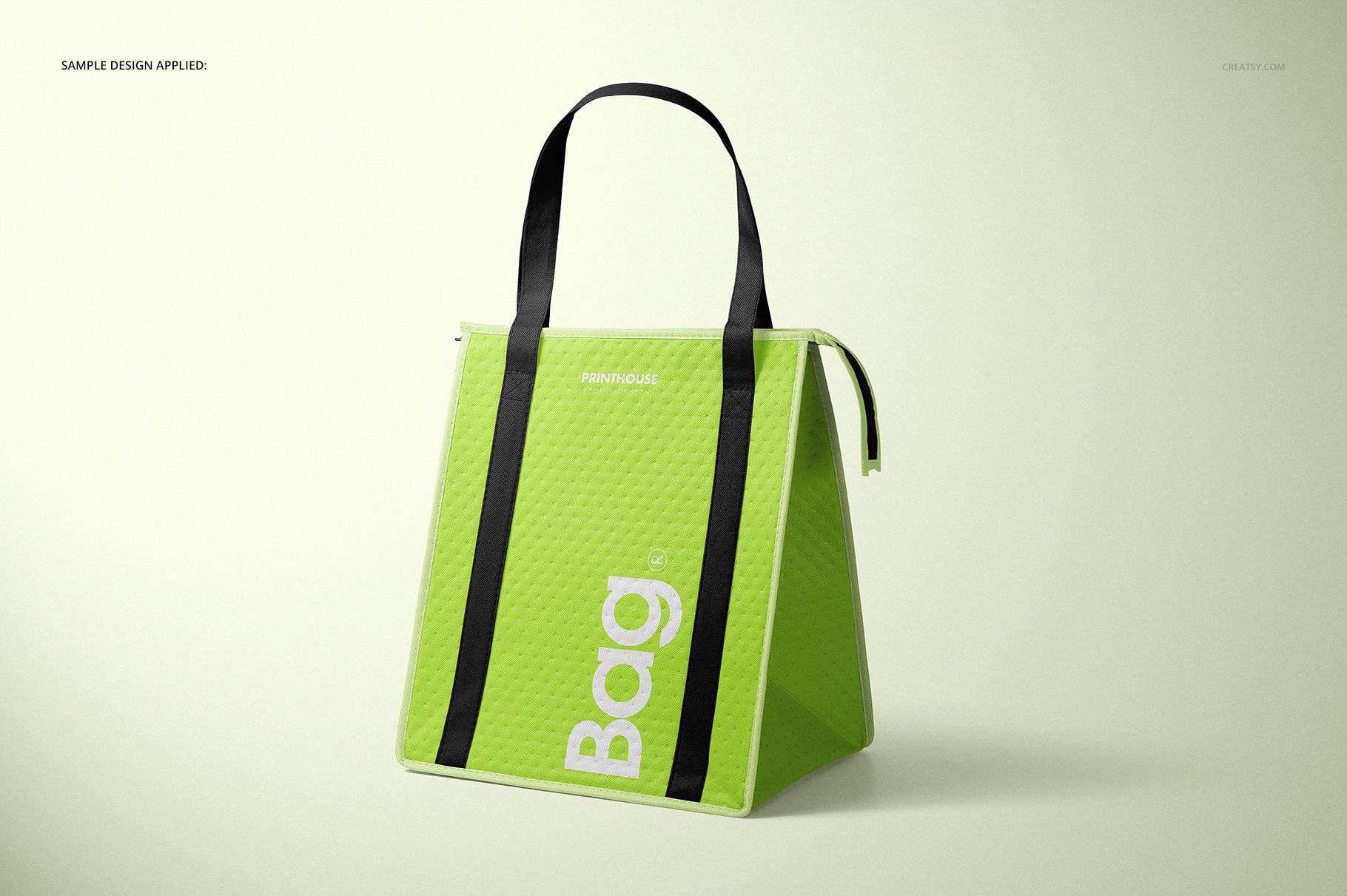 Therm-O-Tote insulated cooler bag mockup in bright green, shown with black straps and white lettering on a light background.