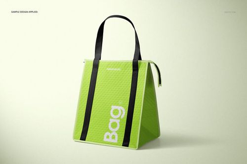 Therm-O-Tote insulated cooler bag mockup in bright green, shown with black straps and white lettering on a light background.