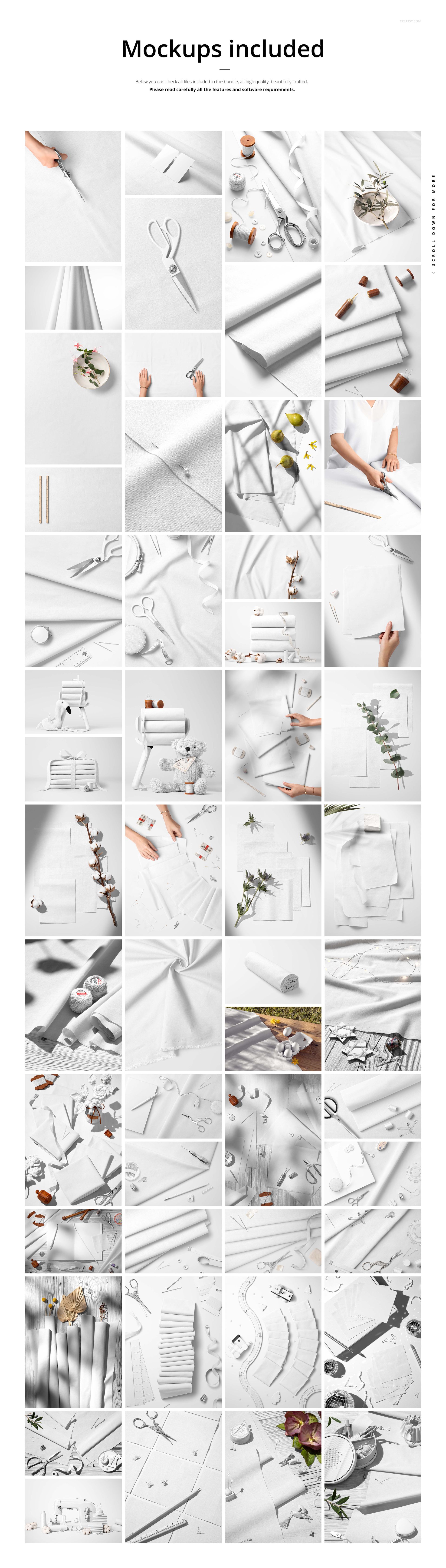 Collage of cotton fabric mockups arranged in various scenes, featuring folded stacks, flat lays, scissors, thread, and floral accents.